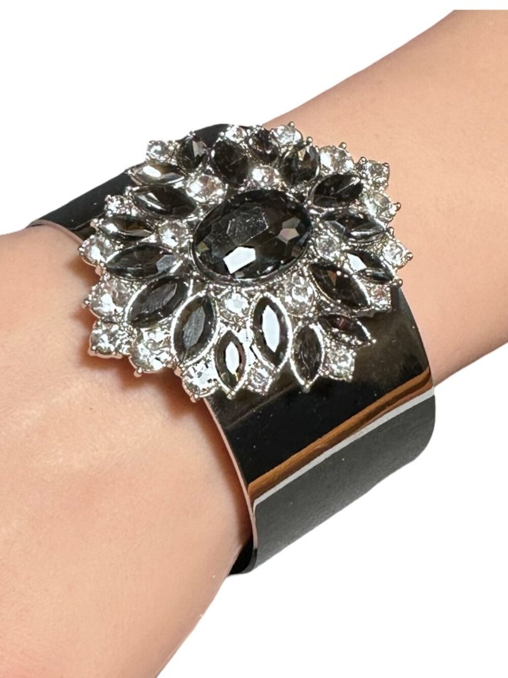 Marquis Rhinestone Cuff Bracelet Silver Tone Clear Black Stones Womens Jewelry